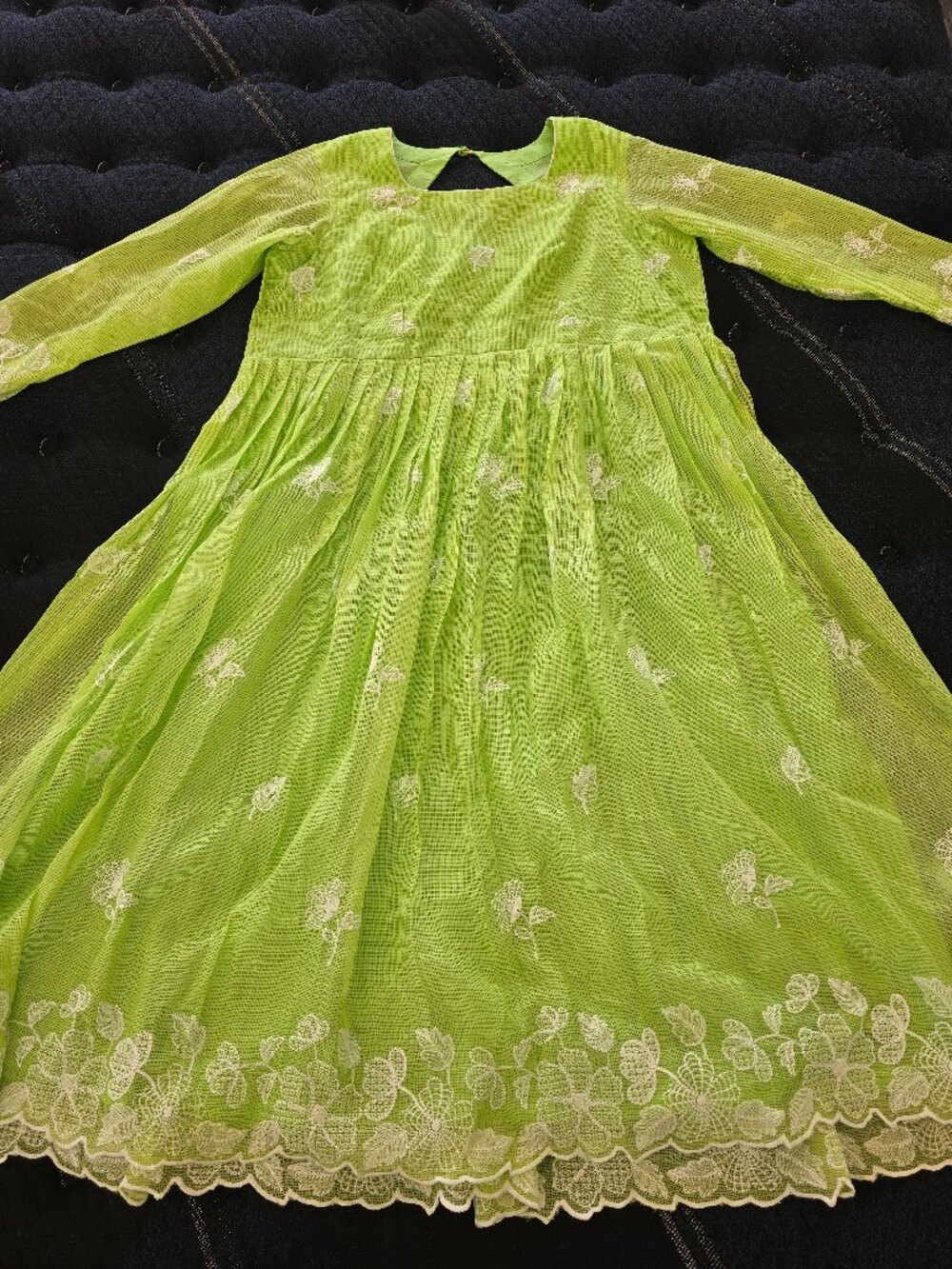 Women's Lime Green Embroidered Long-Sleeve Maxi Dress W White Scarf - Size XXL